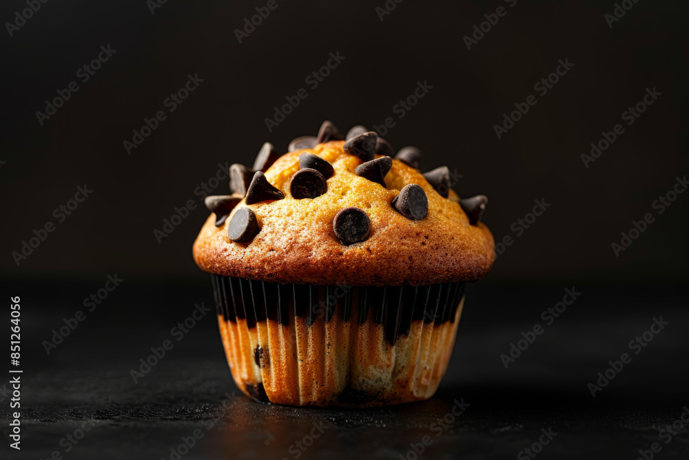 delicious muffin with chocolate chip on a dark background delicious muffin with chocolate chip on a dark background