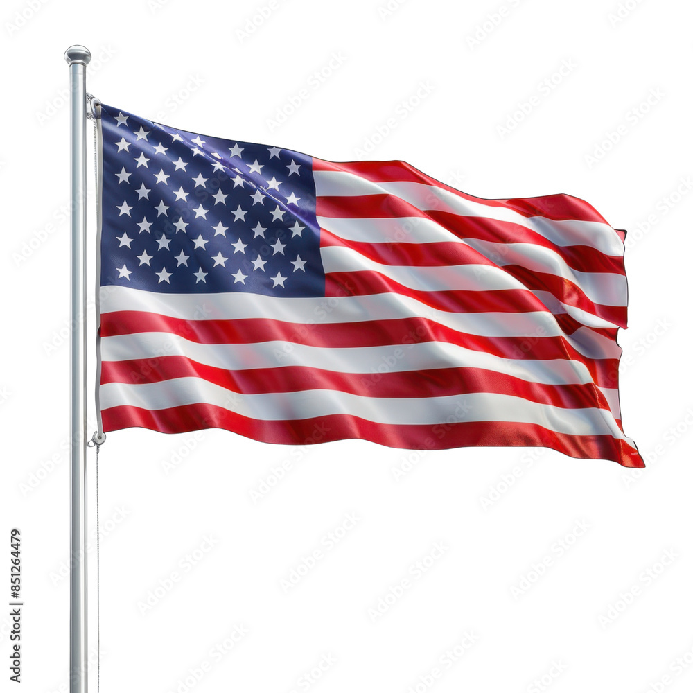 Fototapeta premium The United States flag waving on a flagpole, displaying the stars and stripes transparent background, PNG