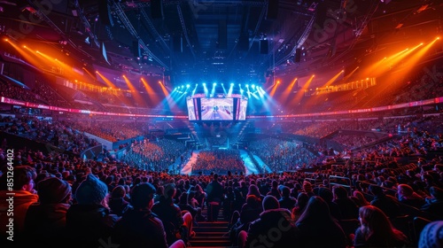 Colorful concert hall filled with crowd, vibrant stage lights, and large screens during a live music performance at night.