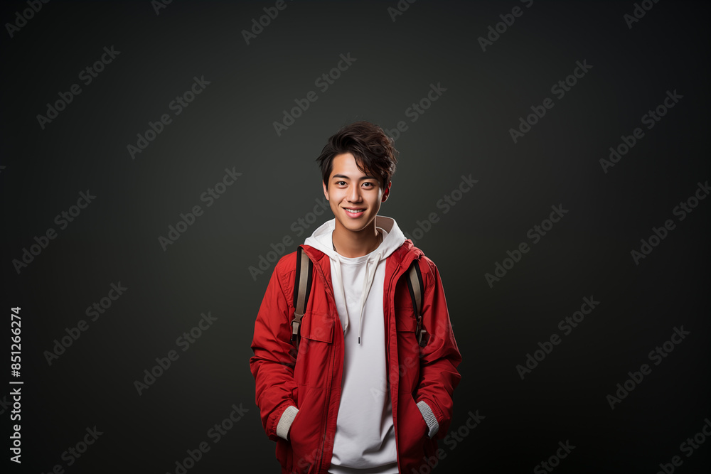 Fototapeta premium Portrait of a teenager wearing a red-white outfit on an isolated background with copy space