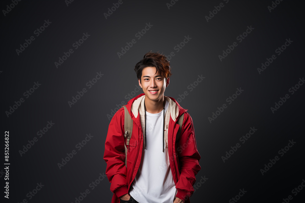 Fototapeta premium Portrait of a teenager wearing a red-white outfit on an isolated background with copy space