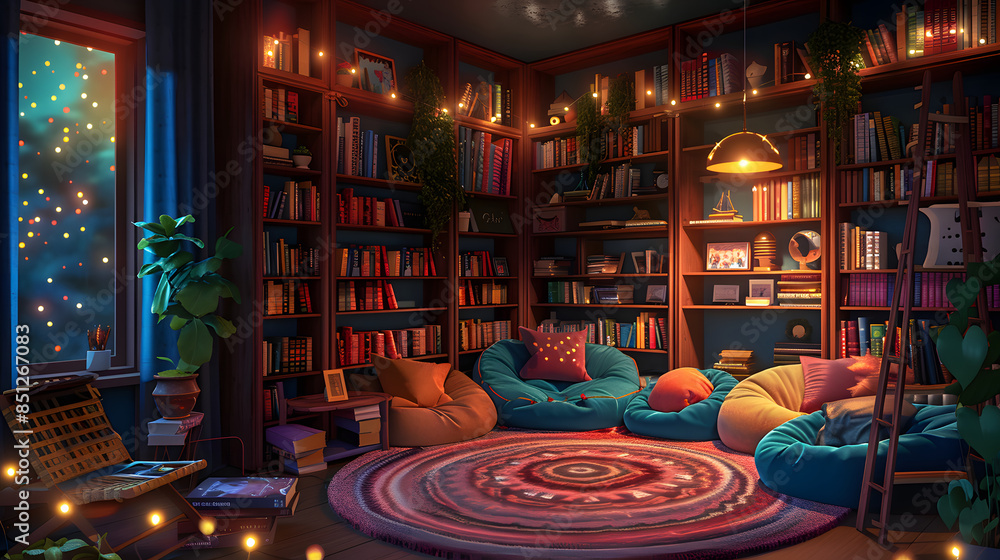 Illustration of a cozy reading nook with bookshelves, bean bags, and fairy lights for a home study space. Illustration of a cozy reading nook with bookshelves, bean bags, and fairy lights for a home study space.