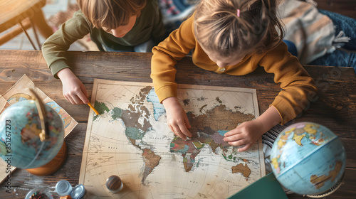 children learning geography using handmade maps and globes at home. photo
