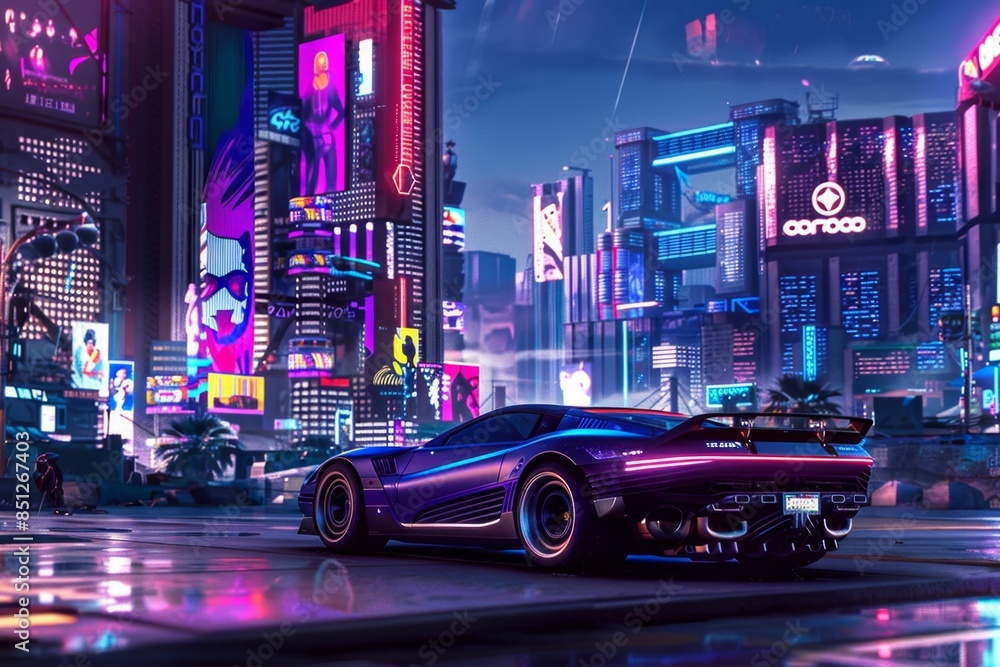 Sleek futuristic car cruising through a vibrant cyberpunk cityscape with neon lights Sleek futuristic car cruising through a vibrant cyberpunk cityscape with neon lights