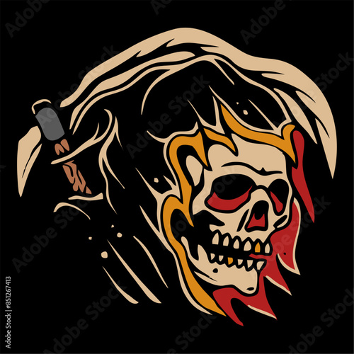 vector illustration tracing artwork of a grim reaper death calling invite to death with. Can be used as Logo, Brands, Mascots, tshirt, sticker,patch and Tattoo design.