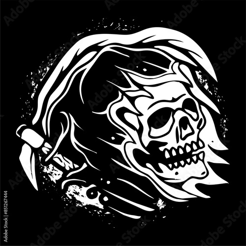 vector illustration tracing artwork of a grim reaper death calling invite to death with. Can be used as Logo, Brands, Mascots, tshirt, sticker,patch and Tattoo design.