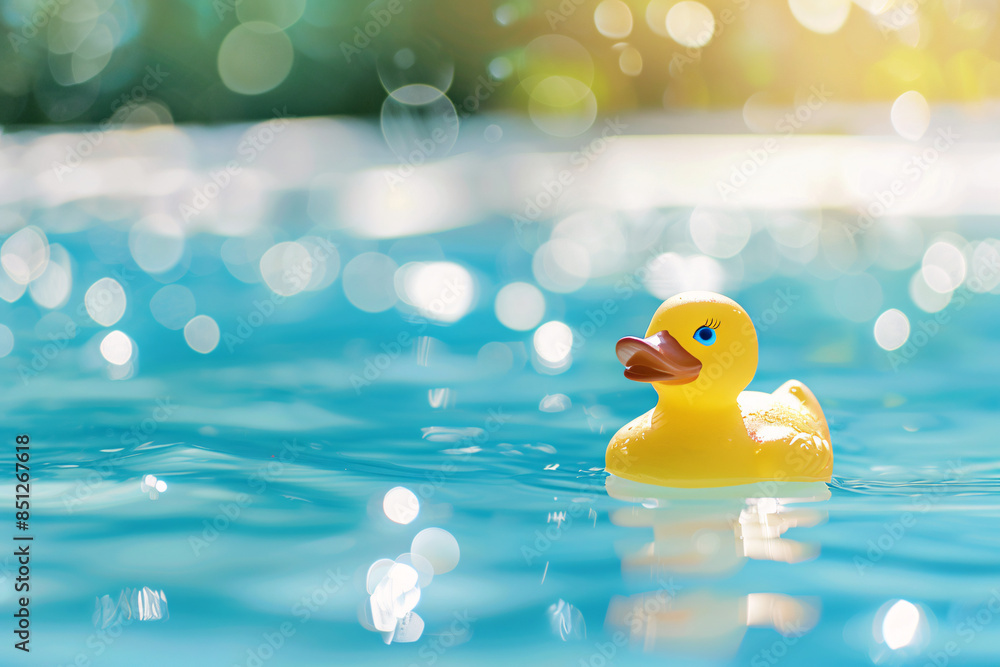 A yellow rubber duck swimming in a pool, representing the concept of summer holidays and relaxation. A yellow rubber duck swimming in a pool, representing the concept of summer holidays and relaxation.