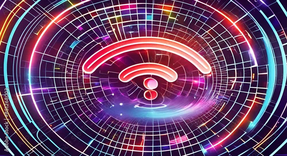 The wifi symbol lights up amidst rotating neon data lines The wifi symbol lights up amidst rotating neon data lines
