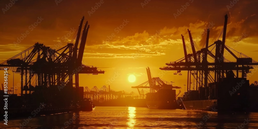 Fototapeta premium the sun setting behind silhouettes of cranes in the port