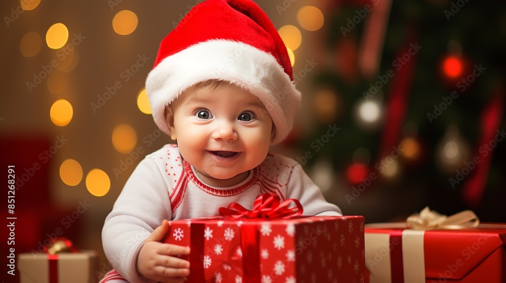 baby's first Christmas, opening presents with wide-eyed excitement. baby's first Christmas, opening presents with wide-eyed excitement.