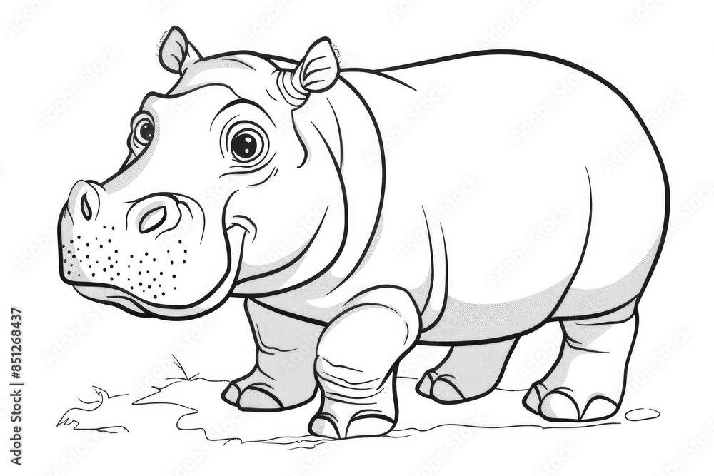 Fototapeta premium An illustration of a playful cartoon hippopotamus in black and white