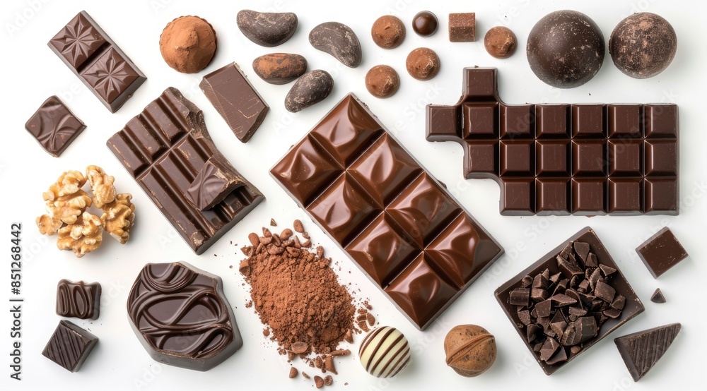 A large selection of gourmet chocolates in various shapes, flavors, and confections displayed neatly A large selection of gourmet chocolates in various shapes, flavors, and confections displayed neatly