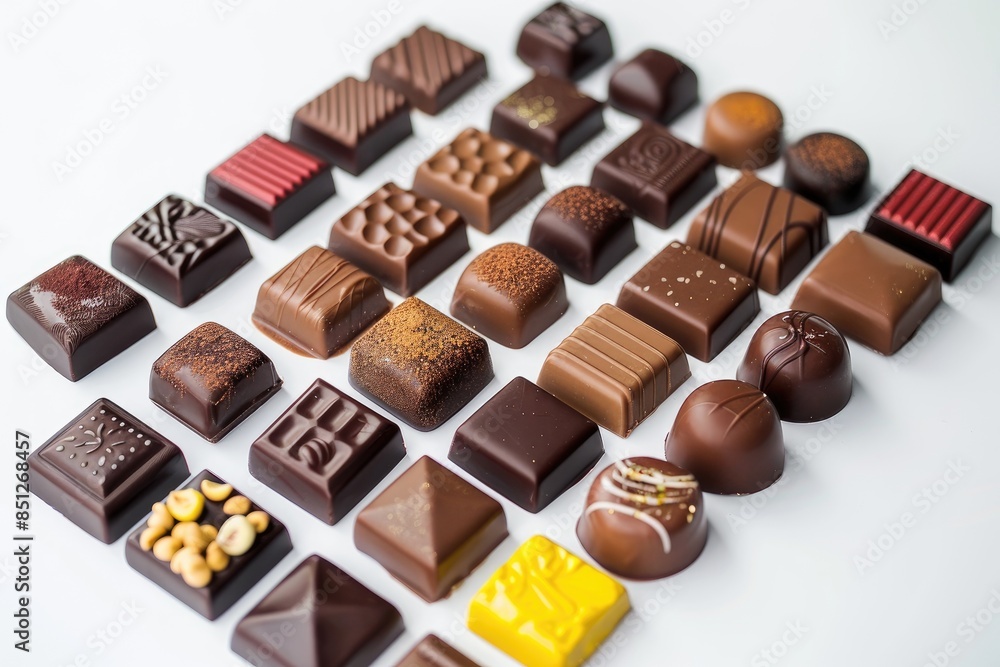 A large selection of gourmet chocolates in various shapes, flavors, and confections displayed neatly A large selection of gourmet chocolates in various shapes, flavors, and confections displayed neatly