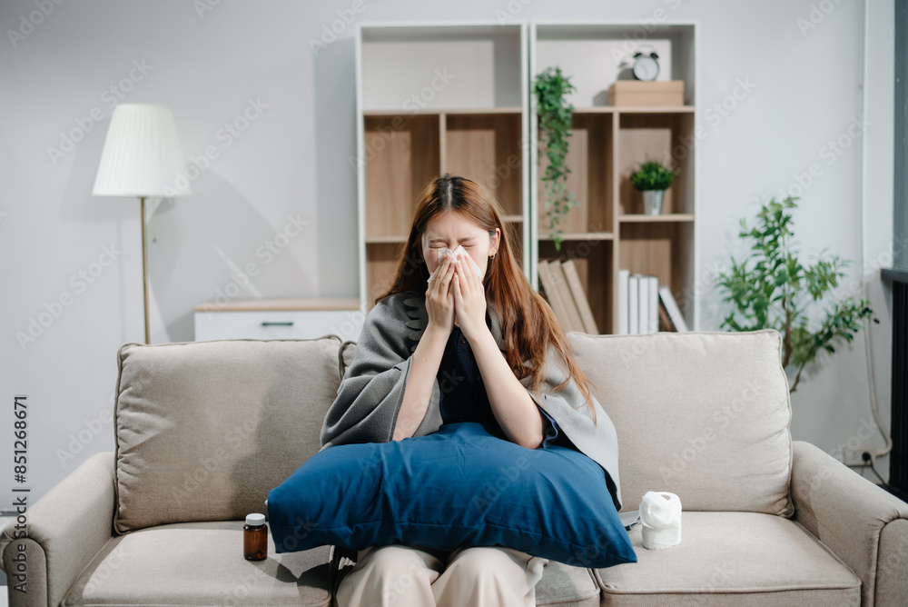 Young Asian woman suffering from flu symptoms, covered with a blanket on a sofa. Concept of illness, healthcare, and recovery. Young Asian woman suffering from flu symptoms, covered with a blanket on a sofa. Concept of illness, healthcare, and recovery.