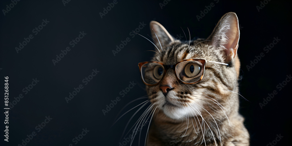Fototapeta premium Cute tabby cat portrait and black background