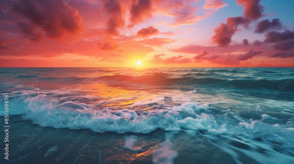 Obraz premium breathtaking sunset over the ocean, with the colors of the sky blending seamlessly with the hues of the water, creating a mesmerizing spectacle of nature's artistry.