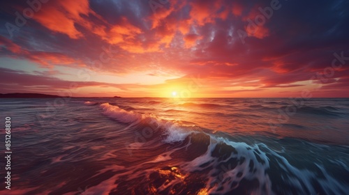 breathtaking sunset over the ocean, with the sun dipping below the horizon, leaving behind a trail of fiery streaks that illuminate the clouds and the water.