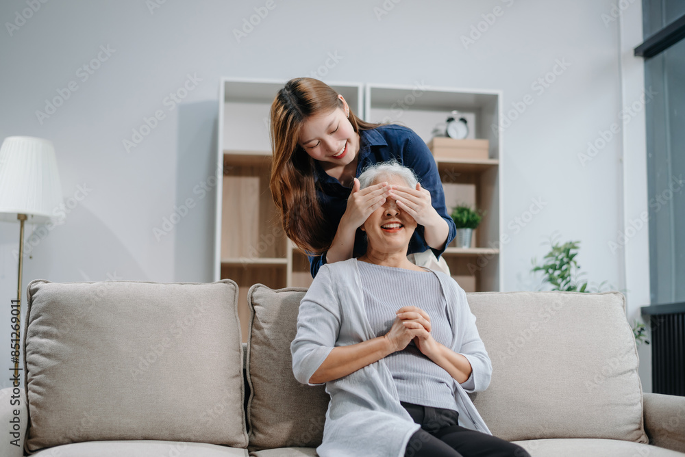Obraz premium Happy adult Asian granddaughter and senior grandmother having fun enjoying talk sit on sofa in modern living room, using a laptop, tablet