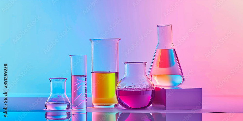 Neon purple glass flask in blue research chemistry or medical lab Laboratory glassware test tube
Neon purple glass flask in blue research chemistry or medical lab Laboratory glassware test tube