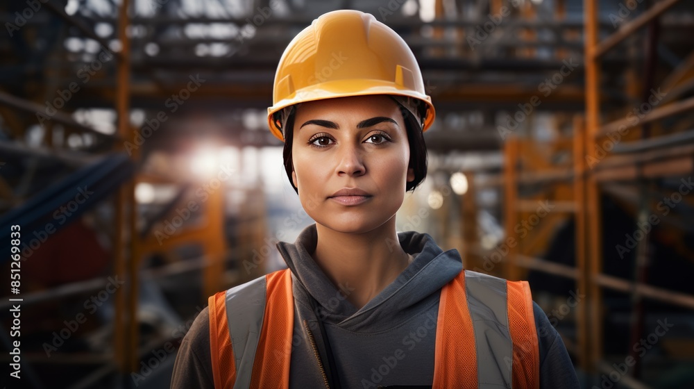 female engineer wearing a hard hat and safety vest, standing confidently amidst cranes and scaffolding. female engineer wearing a hard hat and safety vest, standing confidently amidst cranes and scaffolding.
