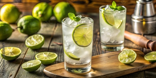 A refreshing gin rickey in a highball glass. Boozy Alcoholic Lime Gin Rickey Cocktail.  photo