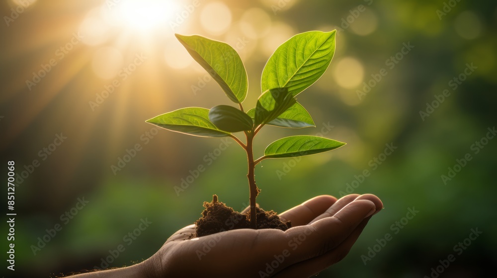 hand holding a sapling tree growing on a lush green background with sunlight streaming through the leaves. hand holding a sapling tree growing on a lush green background with sunlight streaming through the leaves.