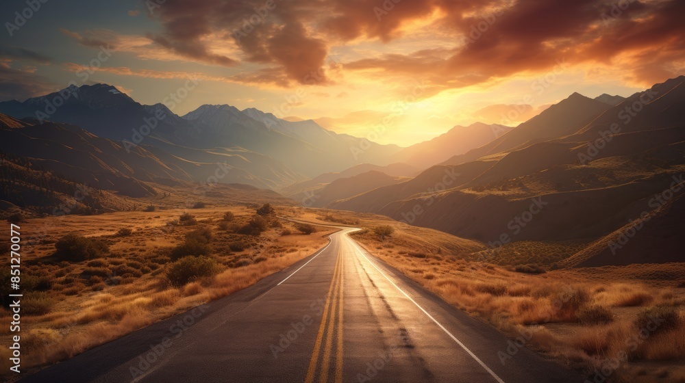 majestic sunset illuminating the towering peaks of a mountain range, casting long shadows across a winding road that snakes through the valley.