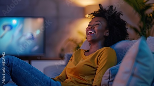 A woman sitting on a sofa with a throw pillow, laughing as she watches a funny blooper reel on TV. photo