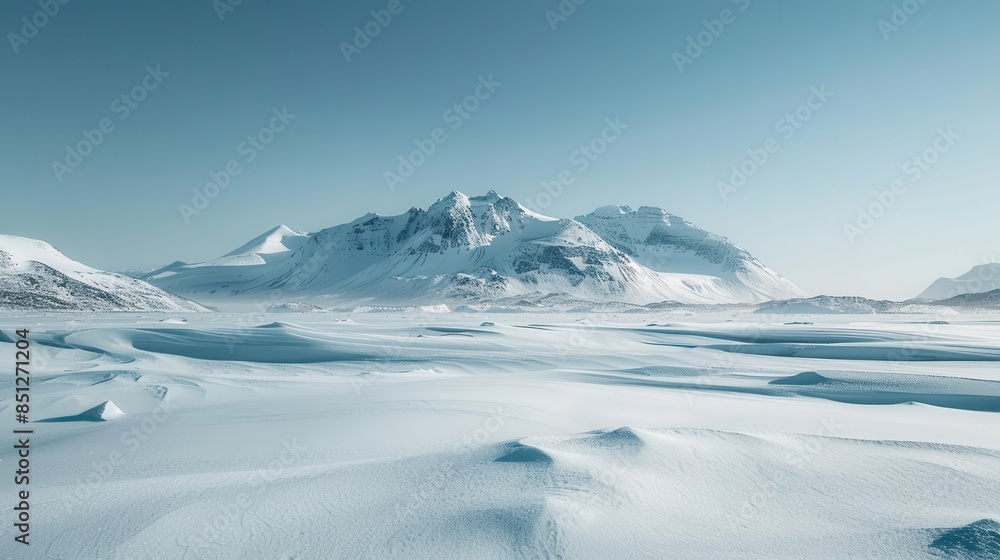 Icy Arctic plains, endless stretches of snow and ice, distant mountains under a clear, cold sky Icy Arctic plains, endless stretches of snow and ice, distant mountains under a clear, cold sky
