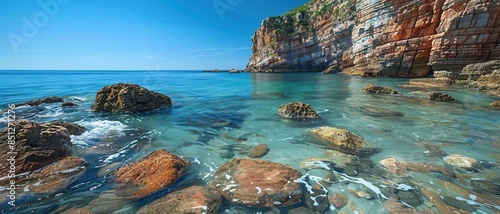 Calm seascape with rugged cliffs, waves gently crashing against the rocks, clear blue water and sky