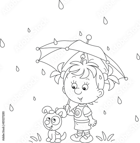 Little girl with her funny puppy holding a beautiful striped umbrella and sheltering from the summer rain while walking, black and white outline vector cartoon illustration for a coloring book