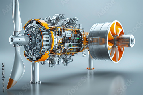 Cross Section of wind turbine blade, main bearing, gearbox, generator, control cabinet, revolving motor.
