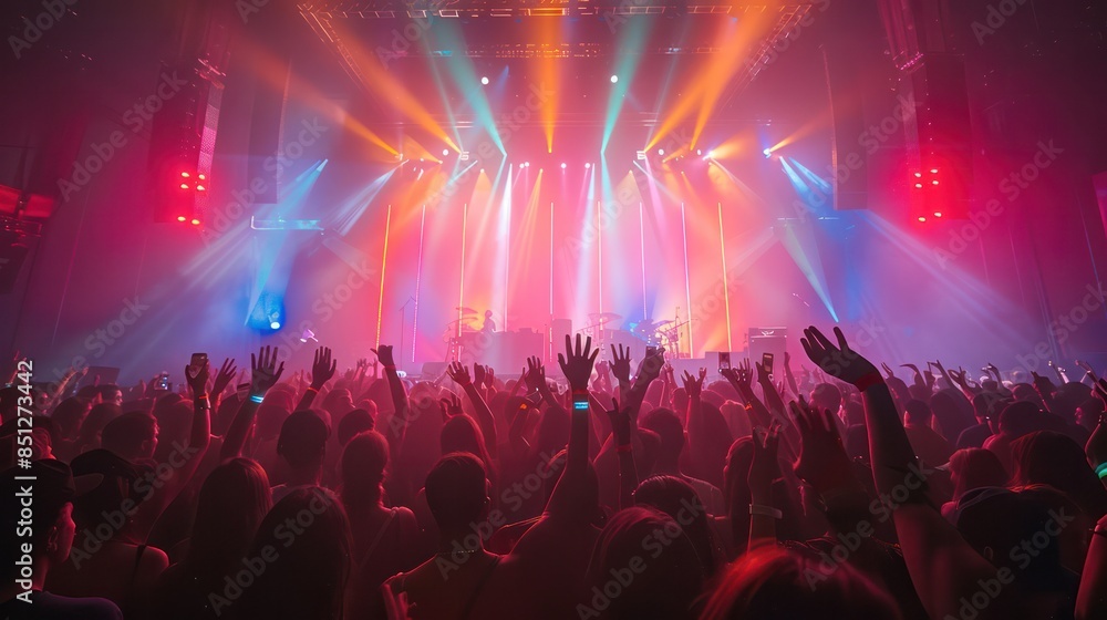 Lively crowd at a music festival Raise your hands and cheer under the colorful stage lights. With the band performing energetically in the background. Lively crowd at a music festival Raise your hands and cheer under the colorful stage lights. With the band performing energetically in the background.