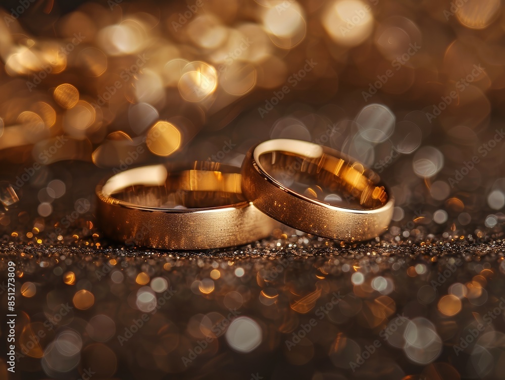 Two gold wedding rings on a sparkling background. Two gold wedding rings on a sparkling background.