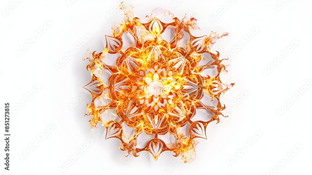 Fiery Mandala - Vibrant 3D Rendered Abstract Flame Patterns on White Background Fiery Mandala - Vibrant 3D Rendered Abstract Flame Patterns on White Background