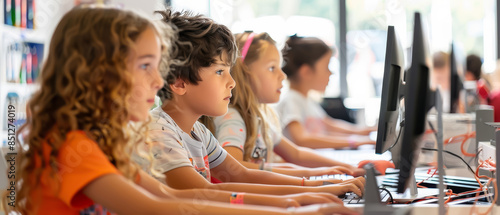 Children learning computer skills in a classroom setting