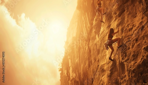 Two rock climbers ascend a sheer cliff face bathed in warm sunlight. Their determination and focus are evident as they make their way up the daunting rock. photo