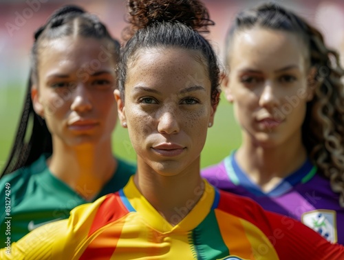 Three Female Soccer Players in Team Jerseys.