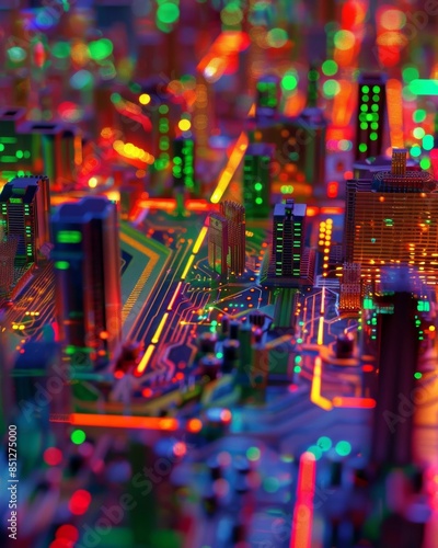 High-resolution image of fluorescent microchip circuits, showcasing intricate electronic components under fluorescent lighting