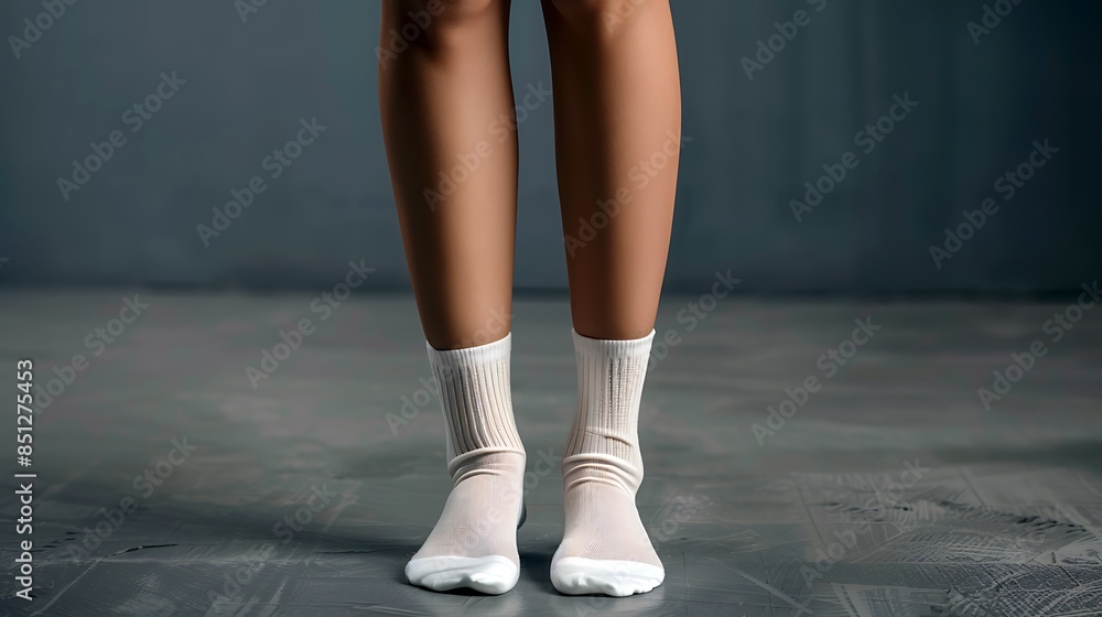 Close up female legs in short white cotton socks on grey background Close up female legs in short white cotton socks on grey background