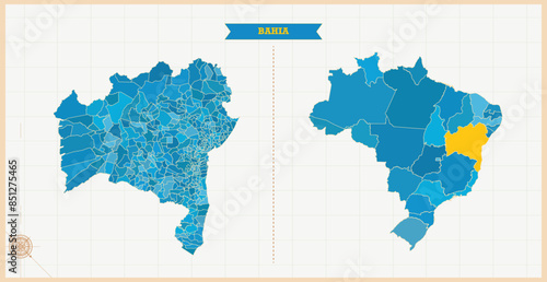 A Map highlighting Bahia in the Brazil Map, Bahia and Brazil modern map with Colorful Hi detailed Vector, geographical borders