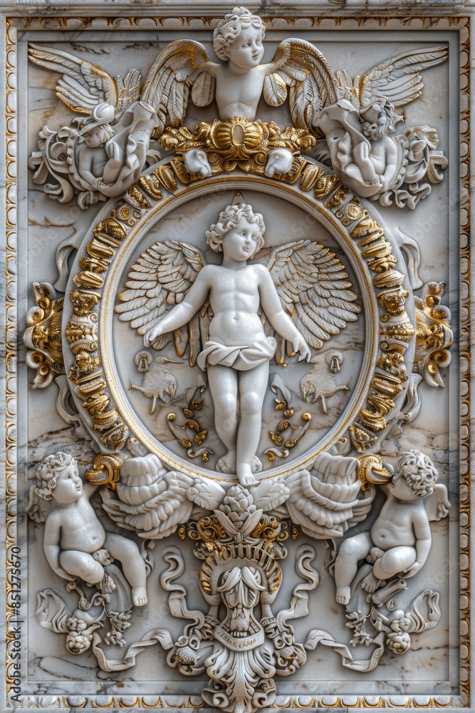 Fototapeta premium Luxurious Baroque Ornamental Frame with Intricate Gold Detailing on Elegant Marble Background, Perfect for Sophisticated and Classic Decor