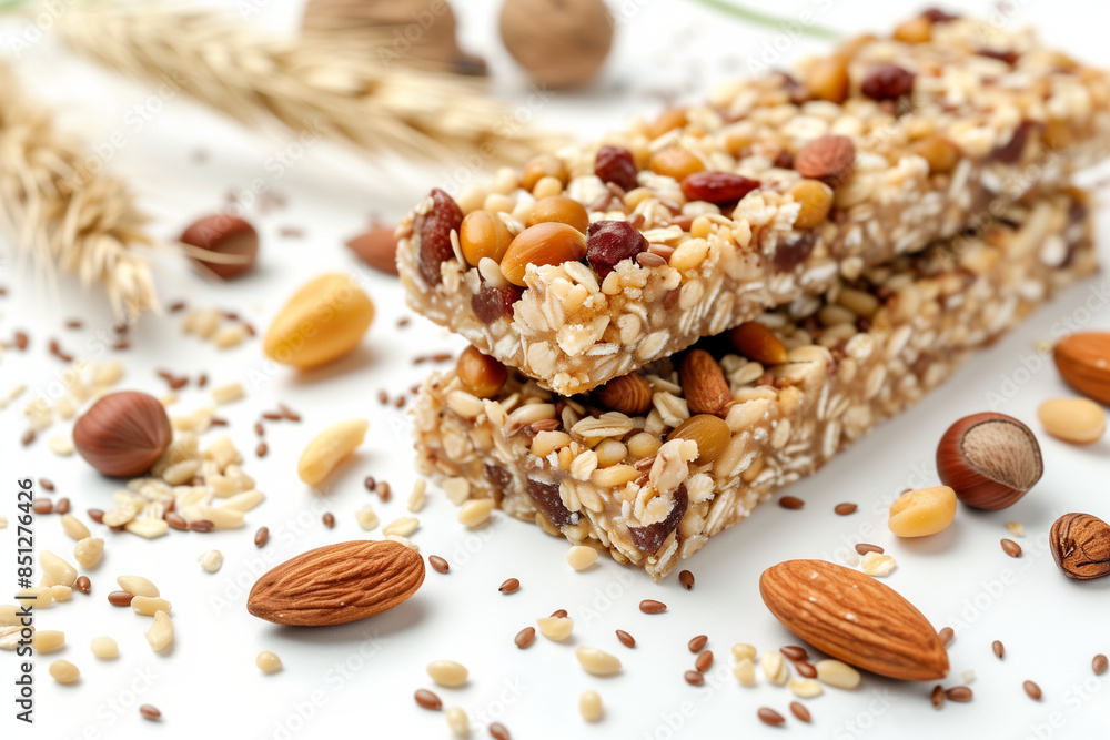 Protein bars with nuts, on white background. / muesli bar snack with nuts and wheat grain
Protein bars with nuts, on white background. / muesli bar snack with nuts and wheat grain