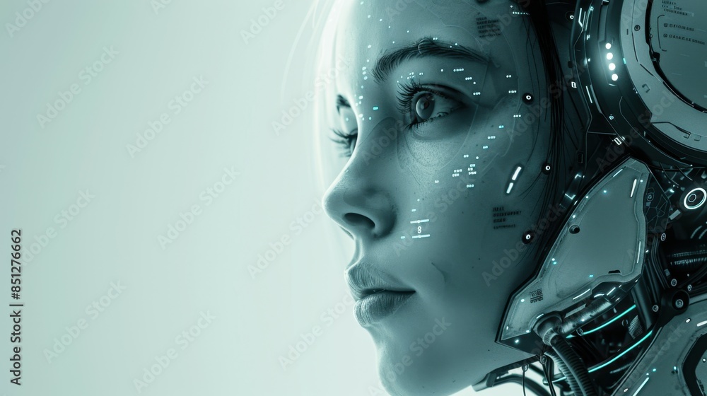 Close-up of a futuristic female cyborg with detailed facial features, integrated digital circuits, and glowing blue elements. Her expression is focused, embodying advanced AI integration. Close-up of a futuristic female cyborg with detailed facial features, integrated digital circuits, and glowing blue elements. Her expression is focused, embodying advanced AI integration.