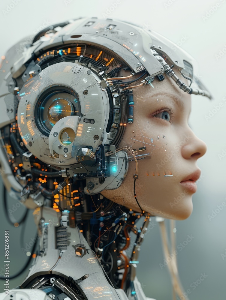 A futuristic humanoid robot with intricate mechanical parts and glowing orange and blue lights on its head and body, blending seamlessly with human-like facial features. A futuristic humanoid robot with intricate mechanical parts and glowing orange and blue lights on its head and body, blending seamlessly with human-like facial features.