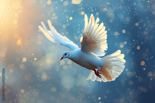 A white dove gracefully soars through the sky.