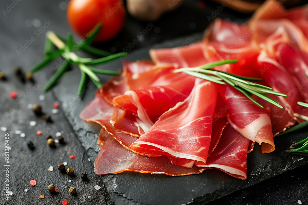 Sliced jamon on a dark background. Selective focus. Food.
Sliced jamon on a dark background. Selective focus. Food.