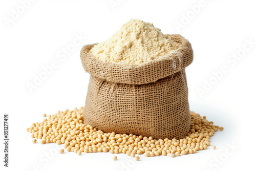 Soy flour in a small jute bag isolated on white background