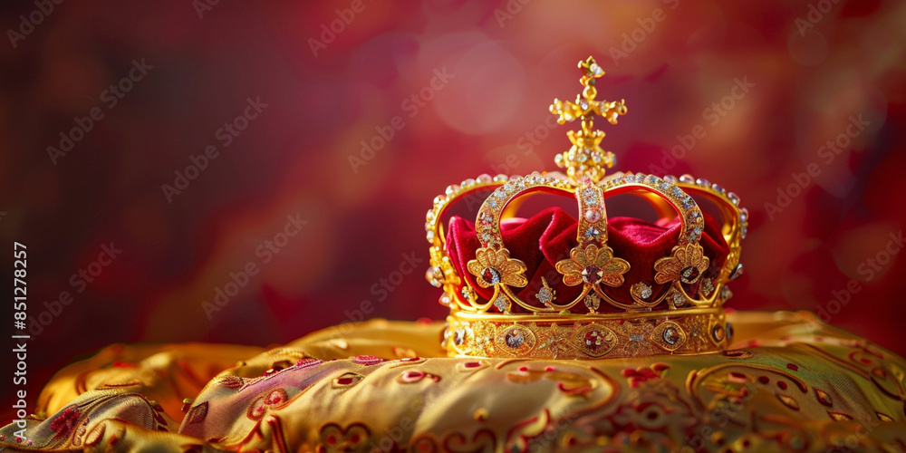 golden crown on red velvet pillow for coronation royal symbol of british uk monarchy golden crown on red velvet pillow for coronation royal symbol of british uk monarchy