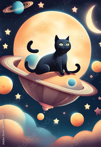 Cosmic Cat Sitting On Planet Floating In Galaxy